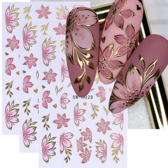 FBABFBUO autocollants ongles 3D fleurs roses, effet embossé, parfaits pour une manucure estivale.