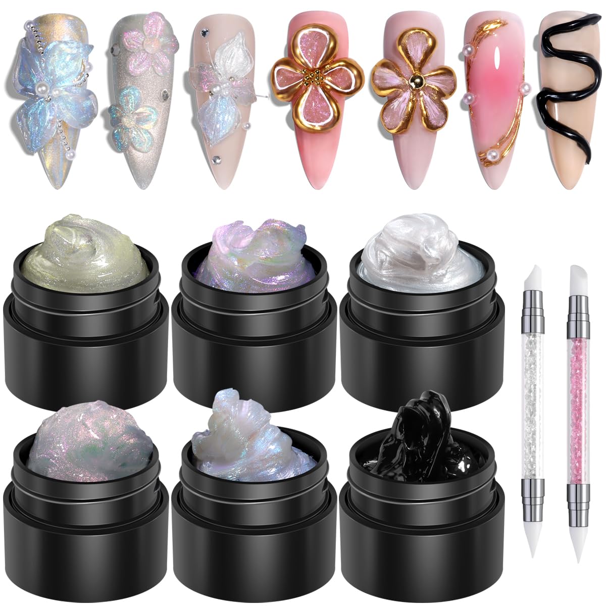 Fcozpjk gel-builder-solide: six couleurs visibles dans les flacons, palette prête pour des designs variés.