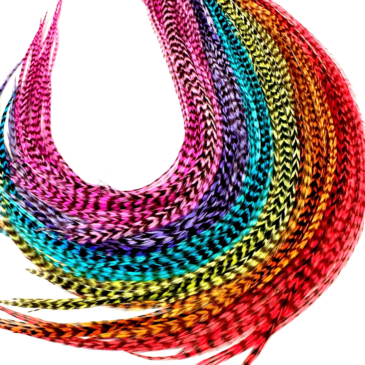 Feather Headz extensions arc-en-ciel Grizzly, longueur 9–14 po, couleur vive pour un look boho.