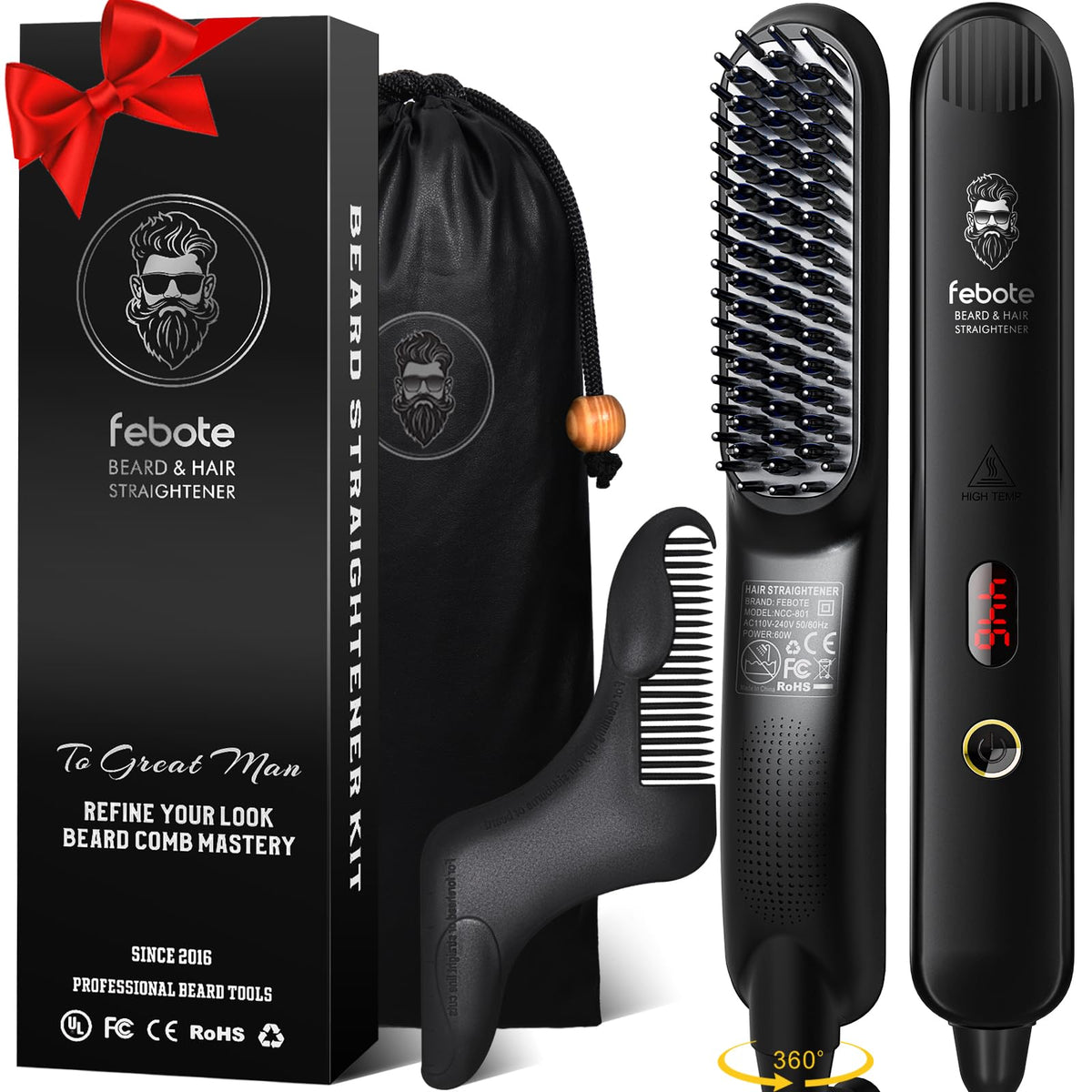 FEBOTE brosse chauffante ionique pour homme, barbe nette et douceur au toucher.