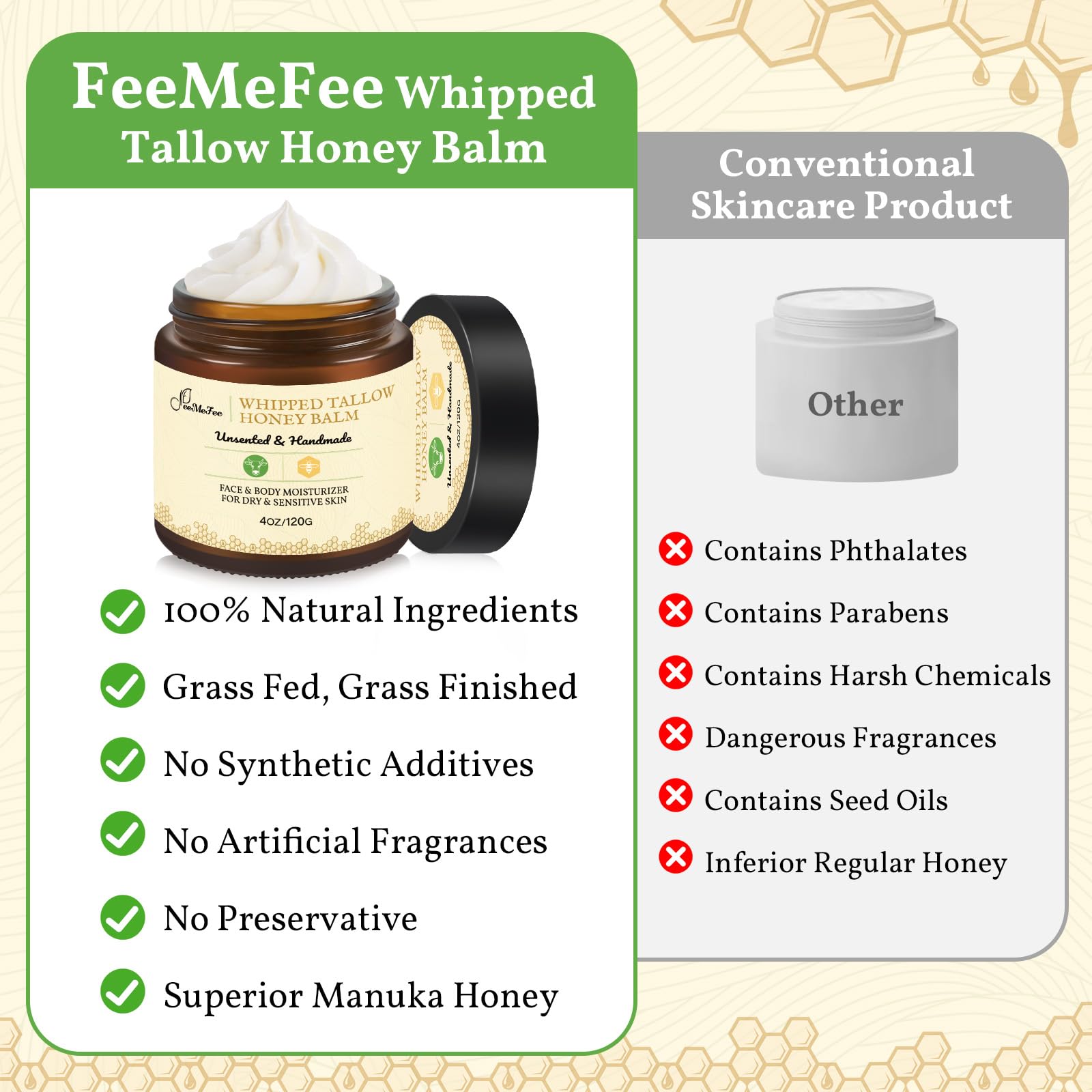FeeMeFee ingredients layout featuring beef tallow, honey, olive oil for nourishment