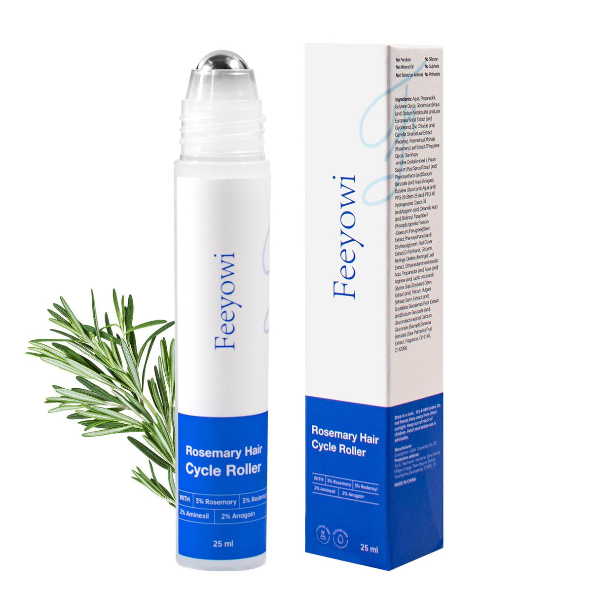 Feeyowi Rosemary Roll-On, bouteille 25 ml prête pour les soins capillaires.