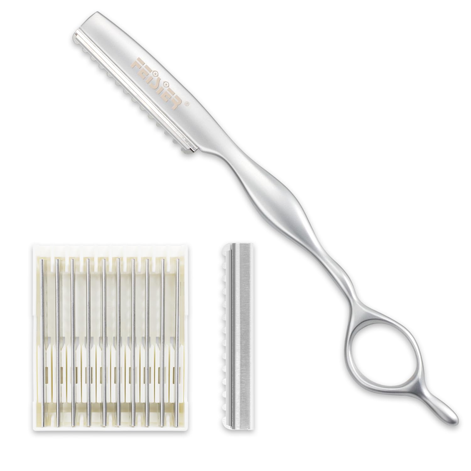 FEISIER rasoir-texturage acier inoxydable, prise ergonomique pour un style précis.