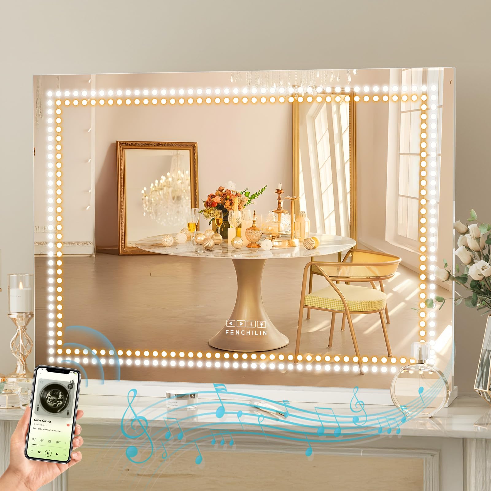 Miroir FENCHILIN avec lumière et haut-parleur pour maquillage et musique.