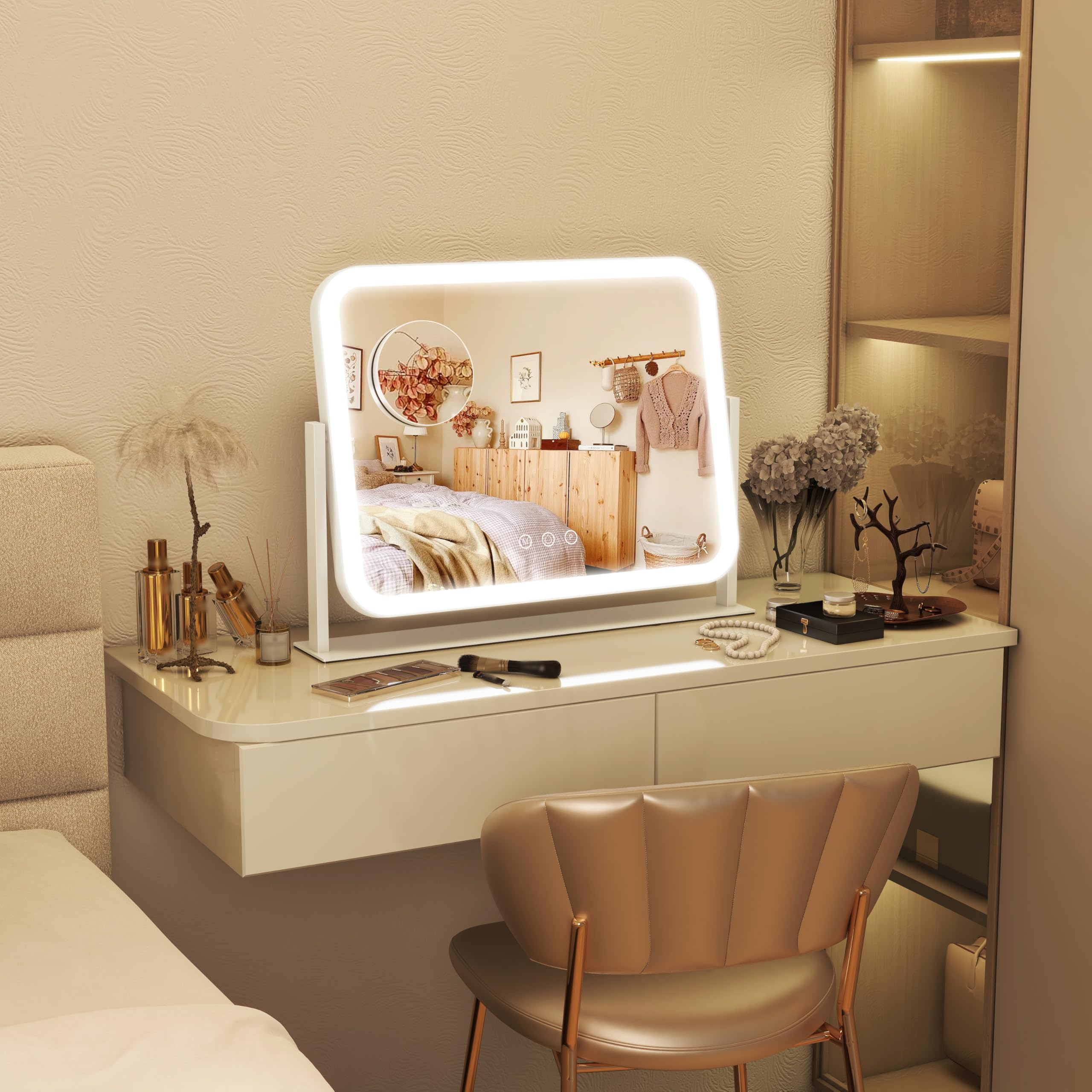 Miroir FENNIO blanc et compact, parfait sur petit espace bureau.