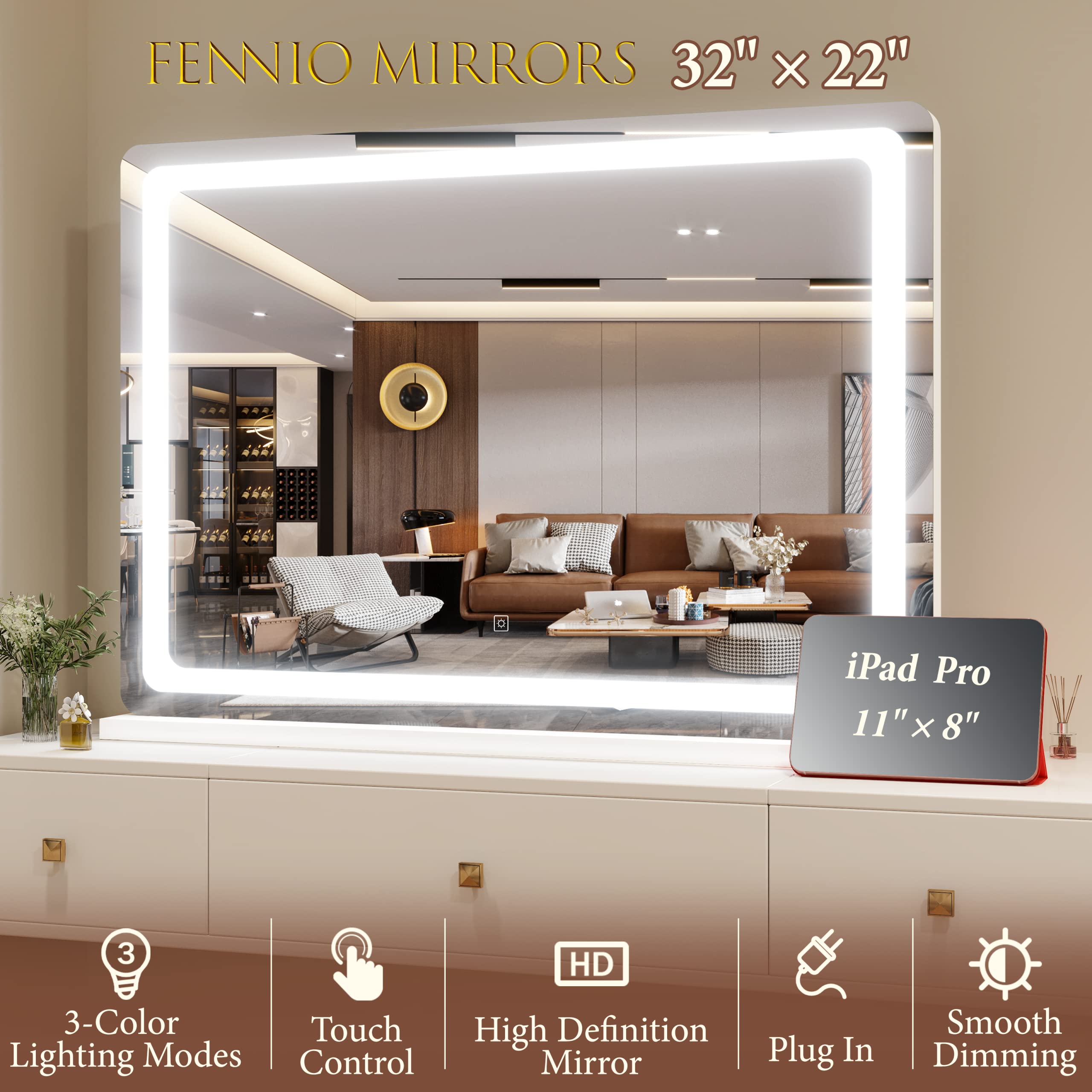 FENNIO Miroir vanité grande surface facilitant coiffage et maquillage.