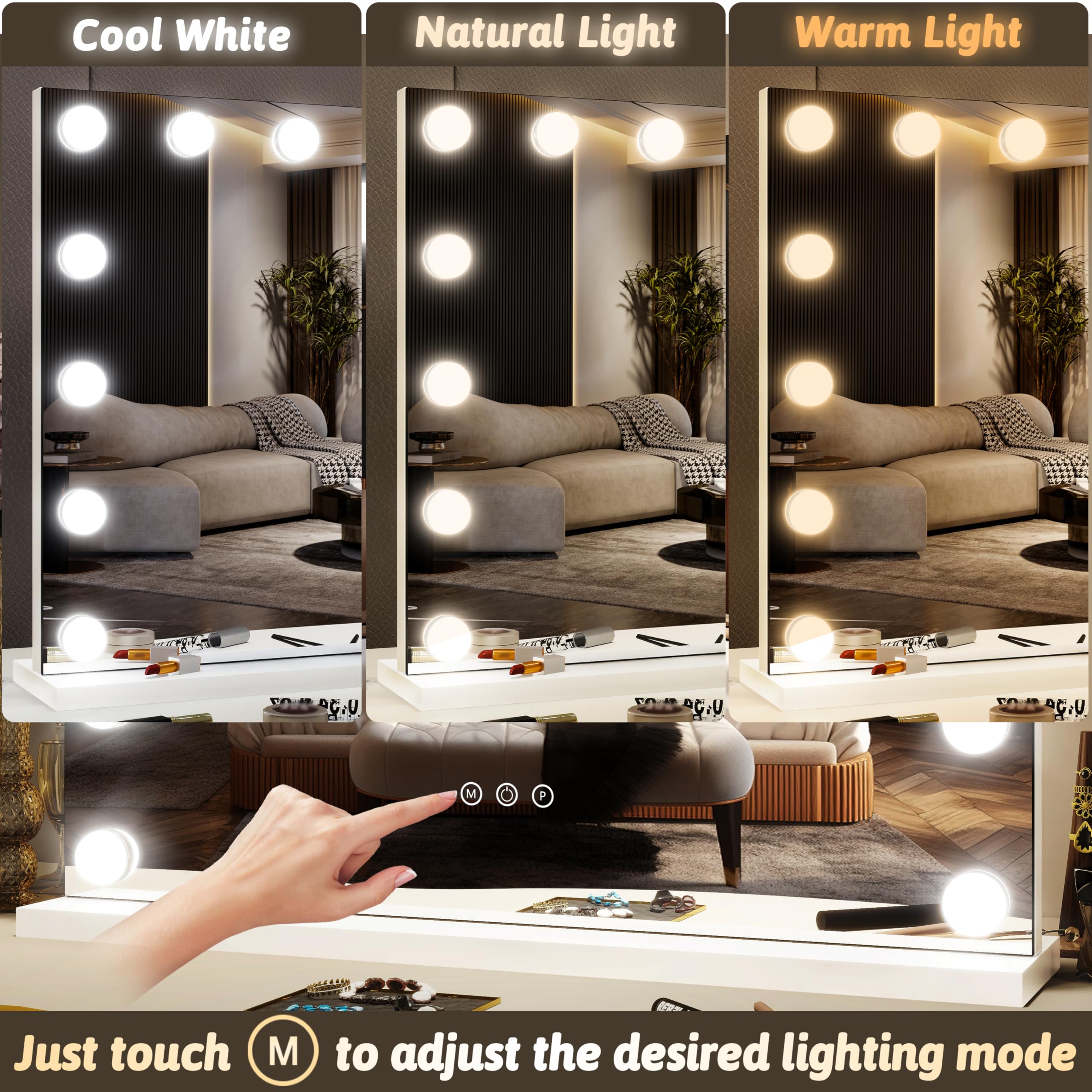 Miroir FENNIO Hollyhood éclairé par 15 LED et trois couleurs pour tous les looks
