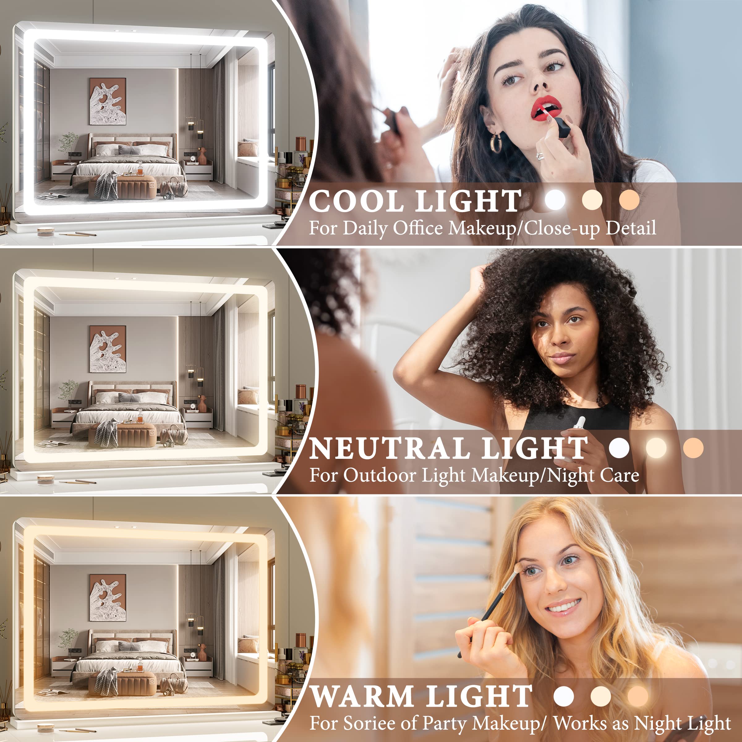 FENNIO Miroir vanité avec éclairage à 3 couleurs, ambiance adaptée au maquillage.