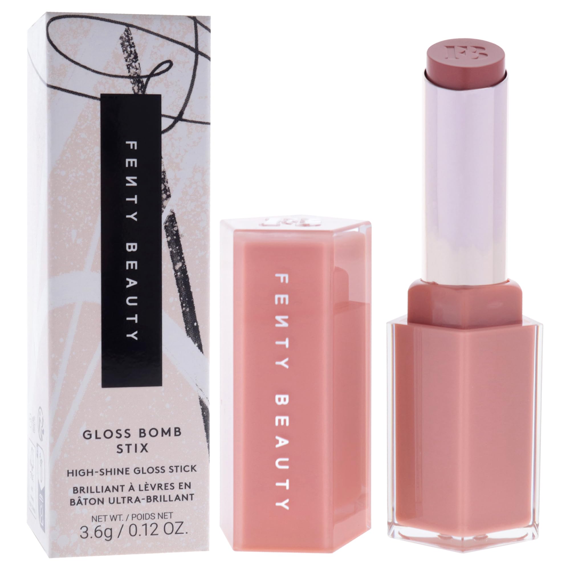 Échantillon Fenty Glow sur lèvres, teinte rose nude universelle