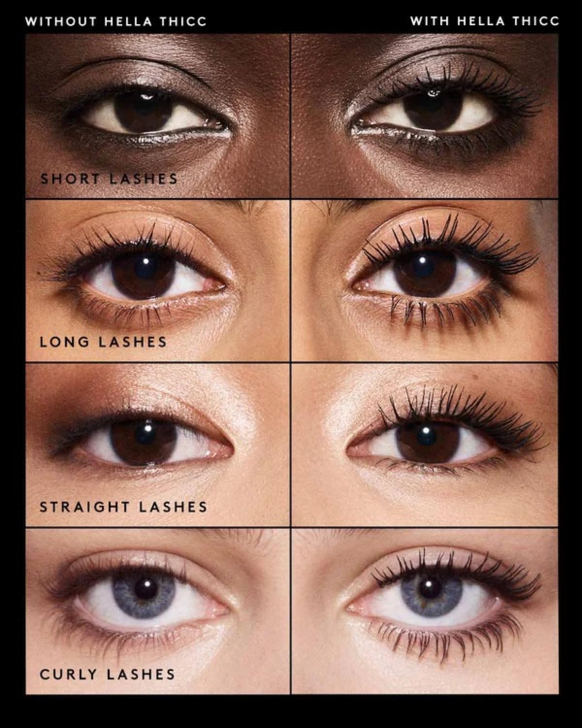 Fenty Beauty Hella Thicc mascara brush close-up highlights defined, clump-free lashes potential.