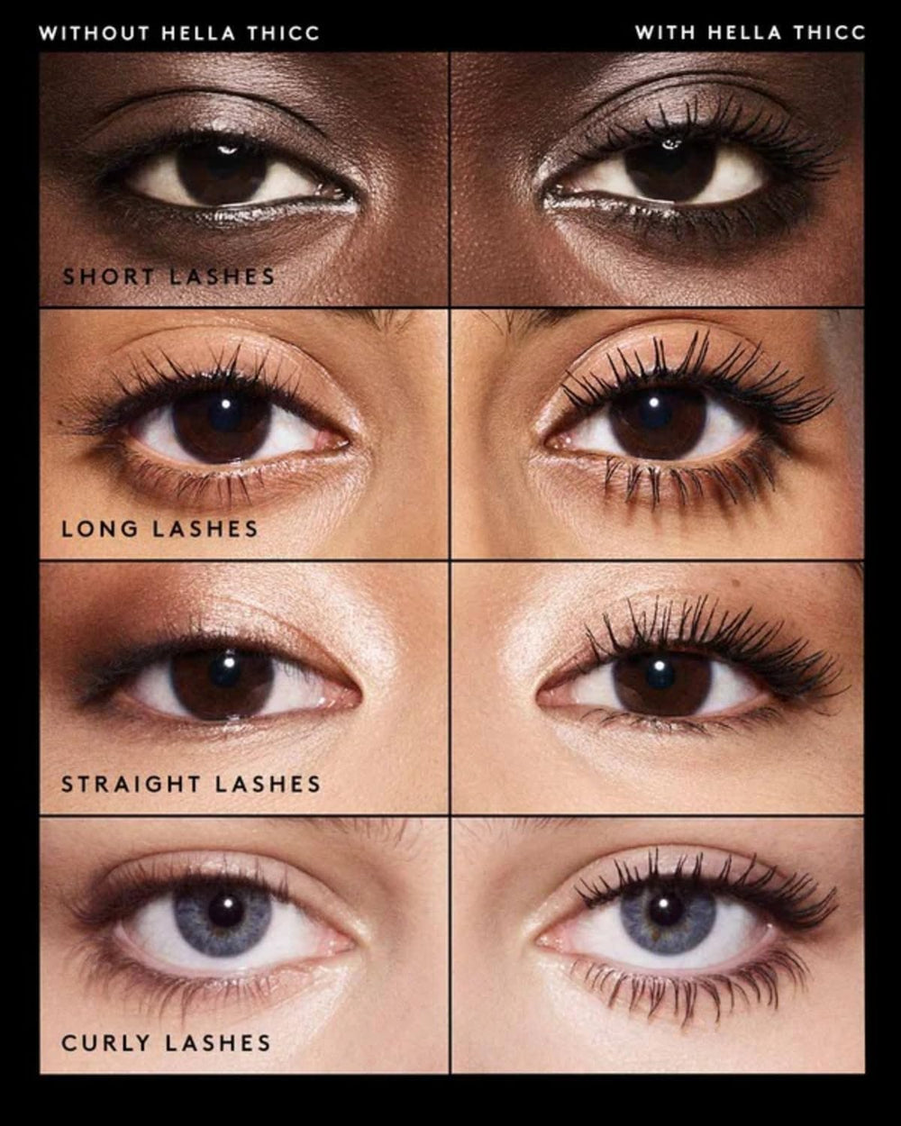 Fenty Beauty Hella Thicc mascara brush close-up highlights defined, clump-free lashes potential.