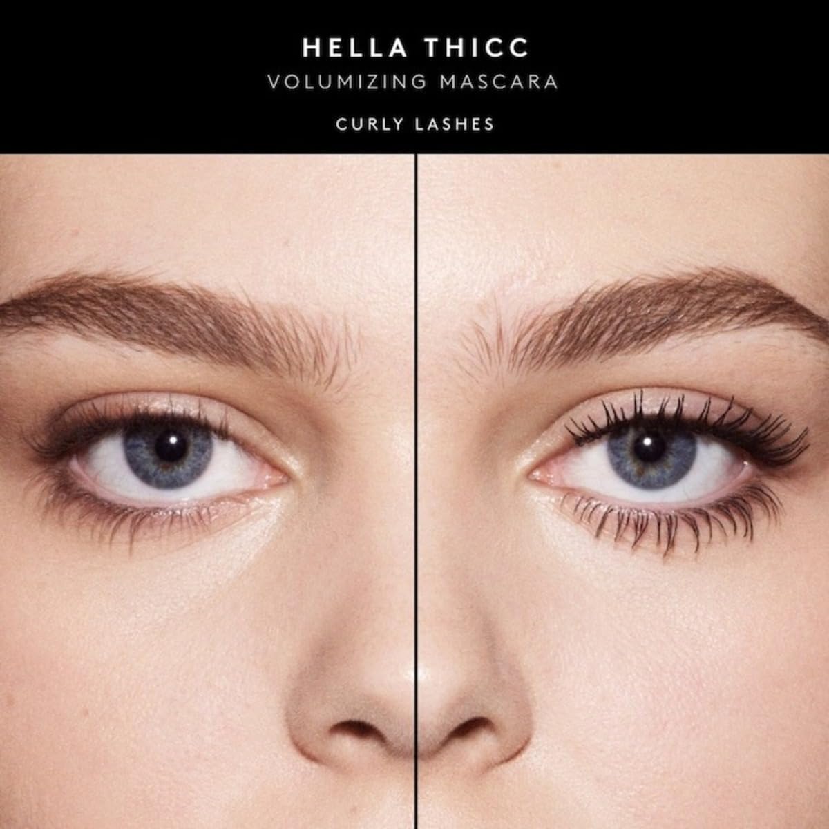 Fenty Beauty Hella Thicc wand on lashes suggests dramatic volume.