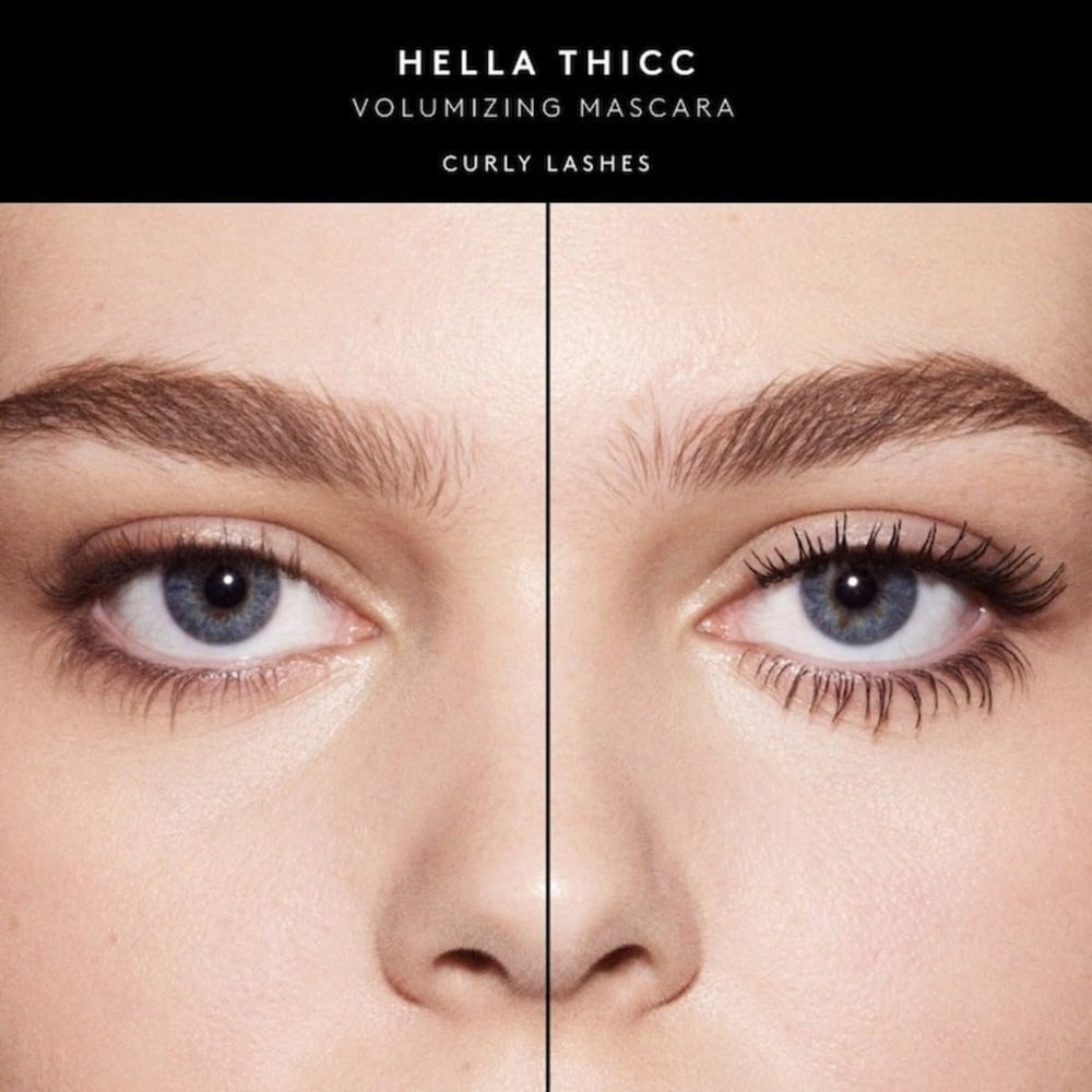 Fenty Beauty Hella Thicc wand on lashes suggests dramatic volume.