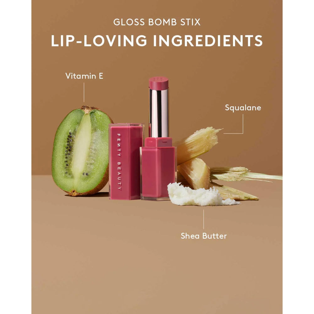 Packaging élégant et compact du stick gloss Fenty Beauty.