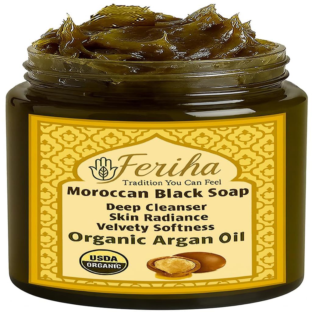 Feriha Savon noir marocain à l’argan, nettoyage en douceur et peau lumineuse.
