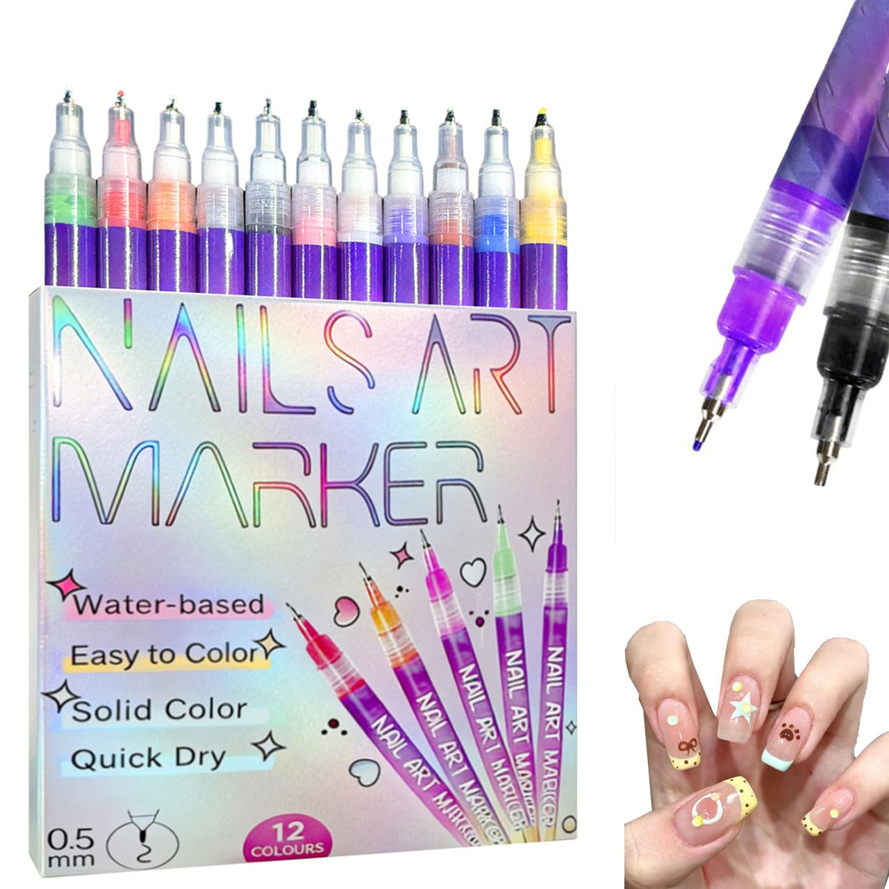 Ensemble de feutres pour art des ongles 12 couleurs, pointe fine pour dessins précis.