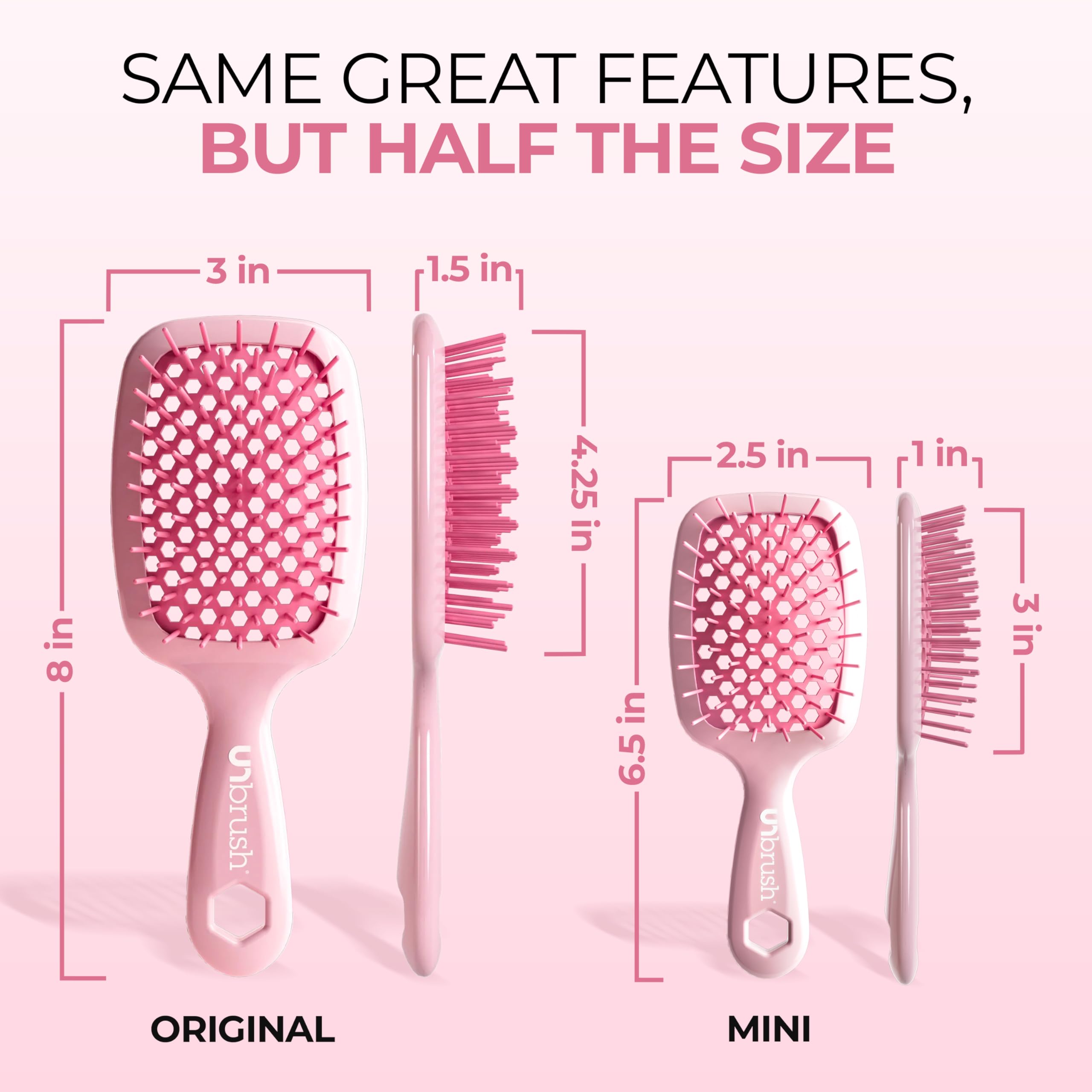 UNbrush mini de FHI Heat: pratique sur cheveux mouillés et secs pour démêlage fluide.