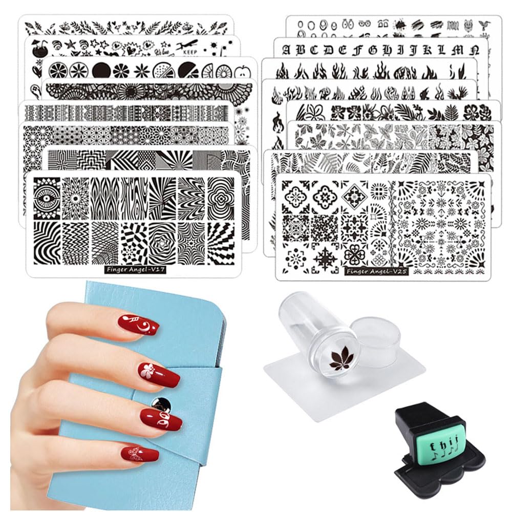 FingerAngel plaques stamping ongles V17-32 avec motifs variés pour designs faciles
