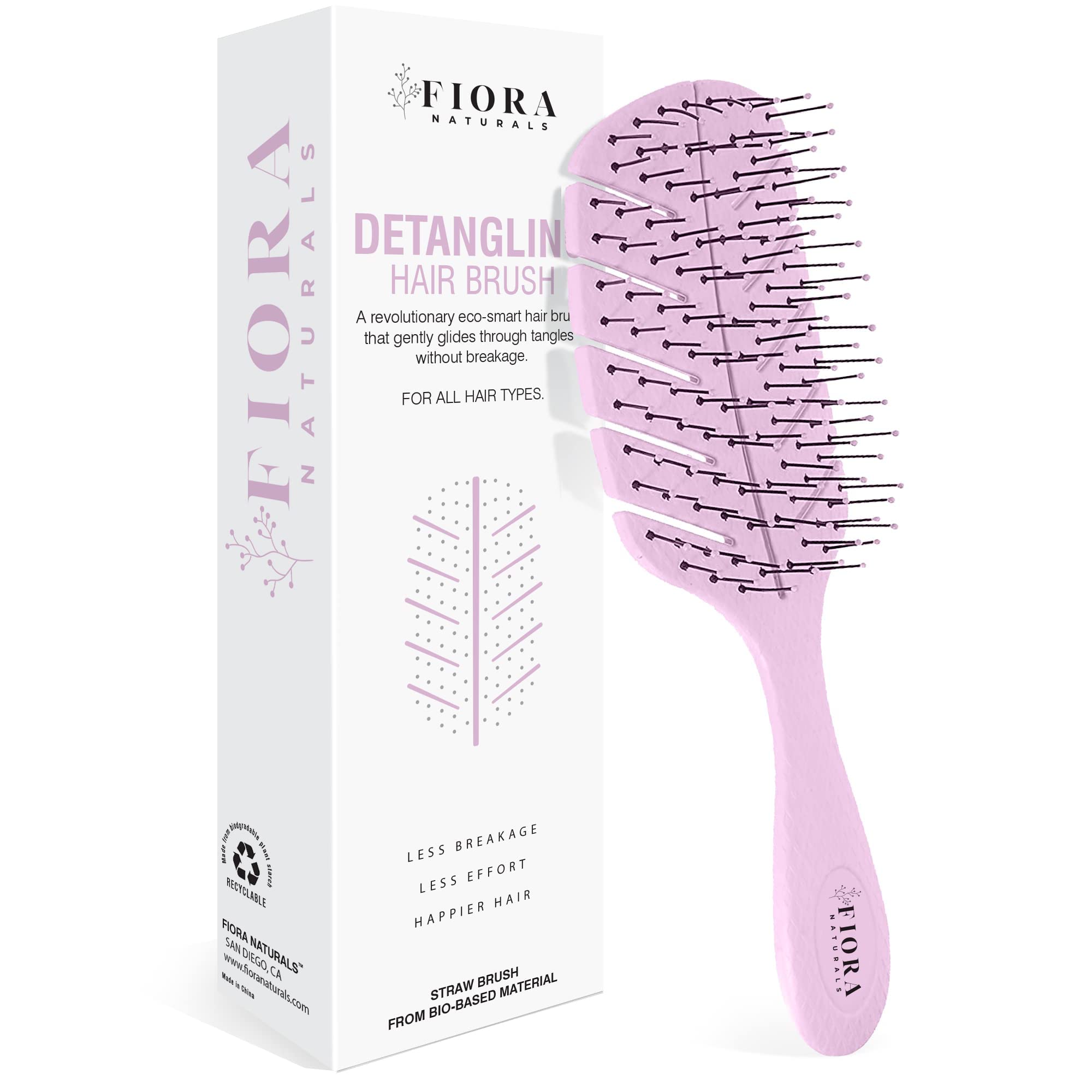 Brosse anti-statique Fiora Naturals, cheveux lisses et brillants après usage.