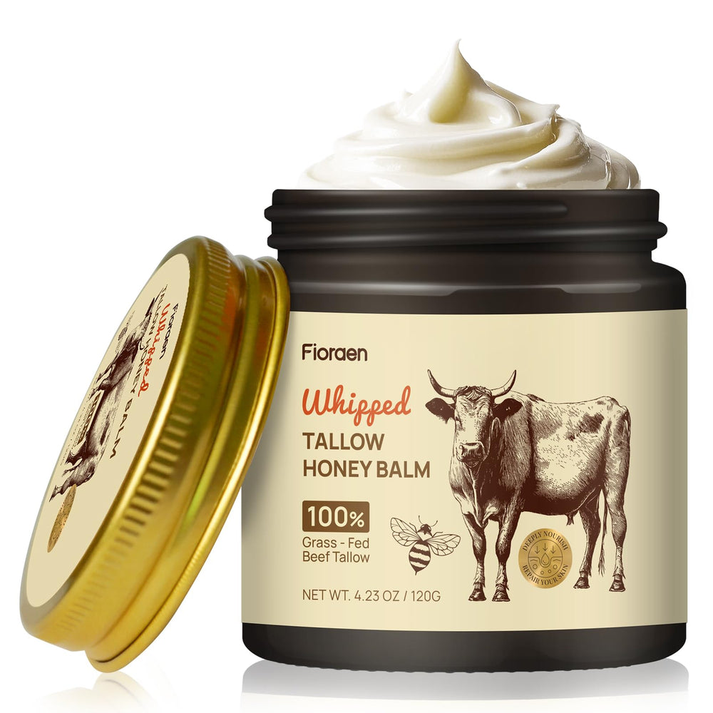Fioraen Whipped Beef Tallow Balm packaging shows unscented formula for sensitive skin.