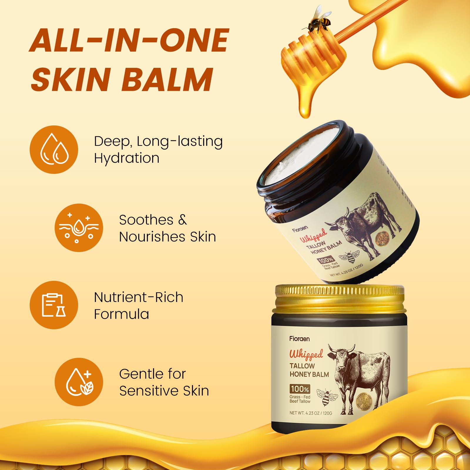 Fioraen balm texture close-up highlights creamy whipped consistency for quick absorption.
