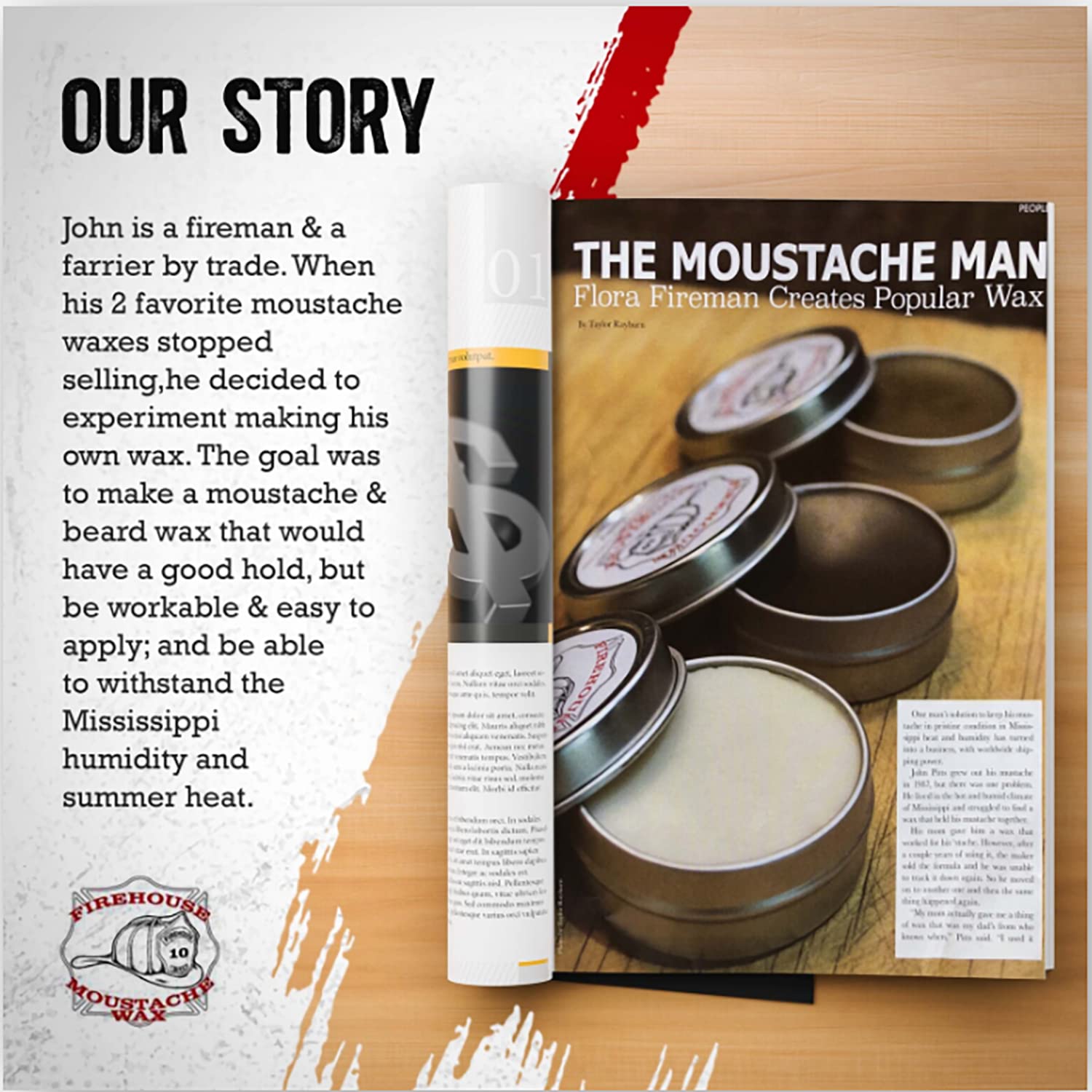 Firehouse Moustache Wax : emballage en étain et fabrication américaine.
