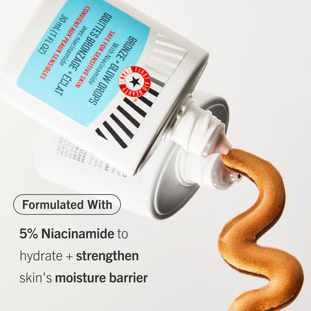 First Aid Beauty Bronze + Glow Drops — swatch montrant la teinte bronze naturelle