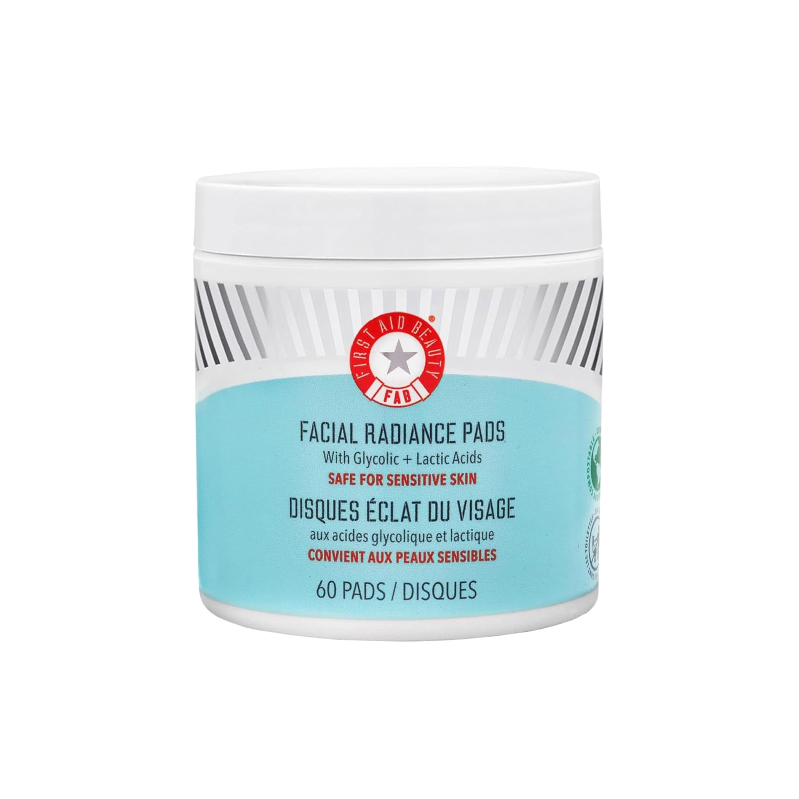 First Aid Beauty pads-exfoliants-glycoliques-lactiques-visage pour une peau lumineuse et affinée des pores.