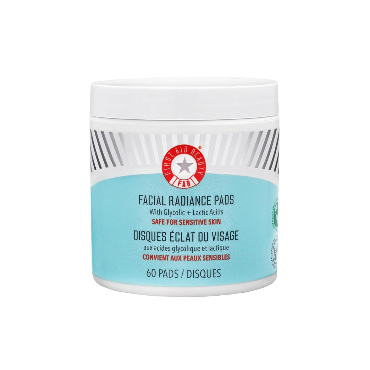 First Aid Beauty pads-exfoliants-glycoliques-lactiques-visage pour une peau lumineuse et affinée des pores.