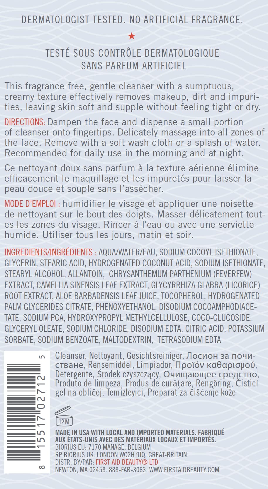 First Aid Beauty Pure Skin Face Cleanser – parfait avant soins, léger et hydratant.