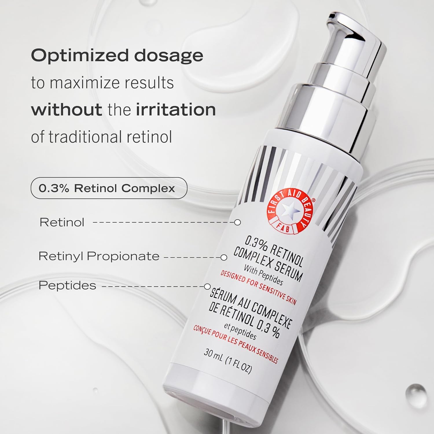 Label non comédogène First Aid Beauty et dermatologiquement testé.