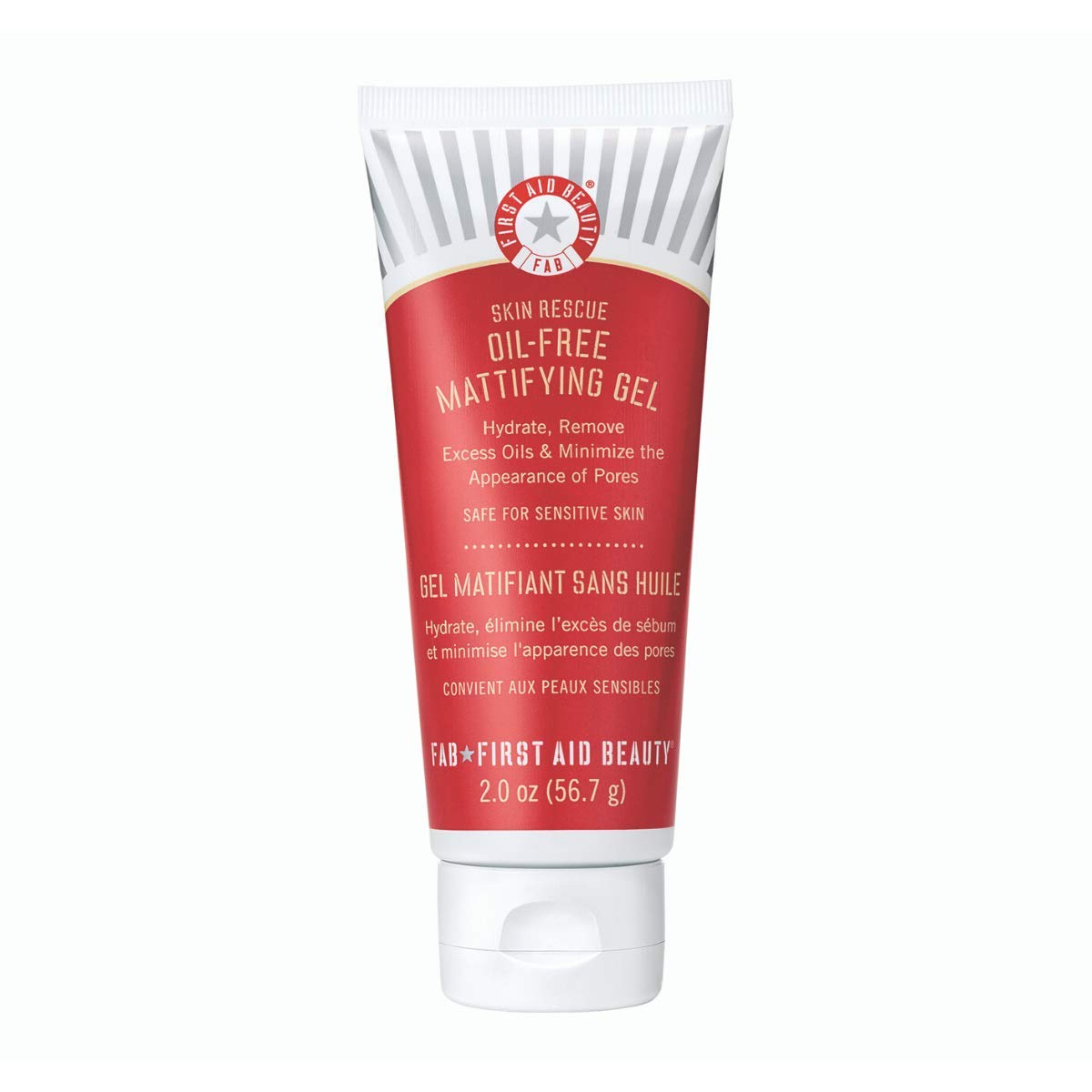 First Aid Beauty Skin Rescue Gel matifiant en flacon, peau plus nette et moins brillante.