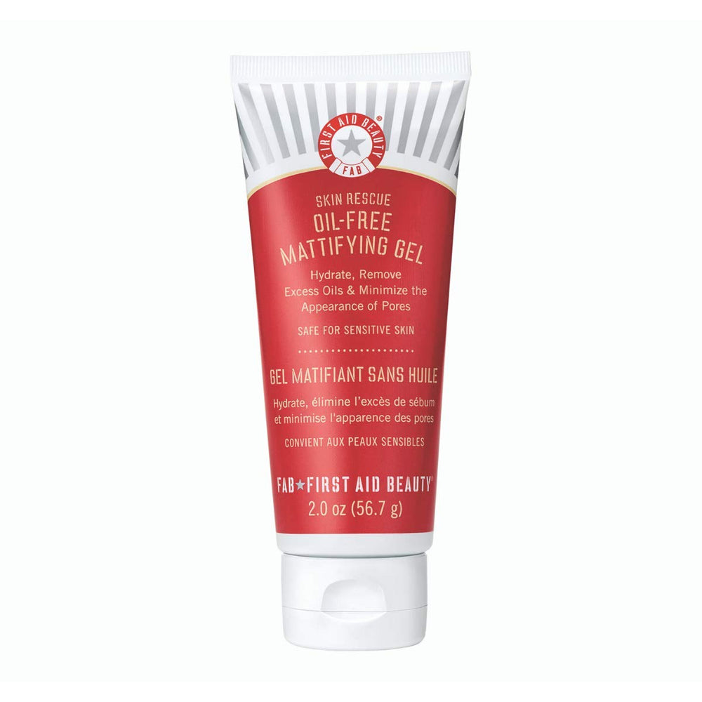 First Aid Beauty Skin Rescue Gel matifiant en flacon, peau plus nette et moins brillante.