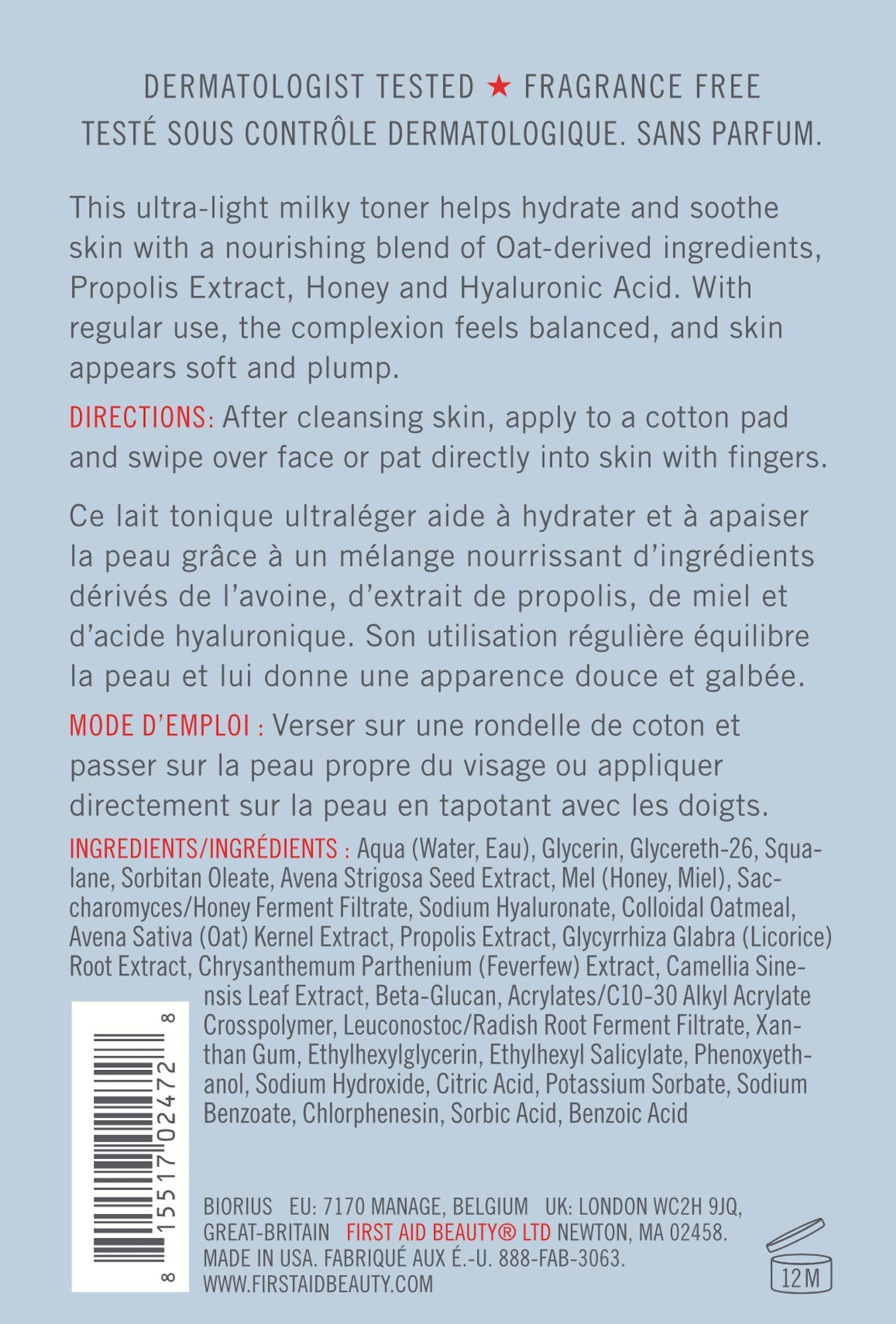 Tonique First Aid Beauty sans alcool, adapté pour peaux sensibles et réactives.