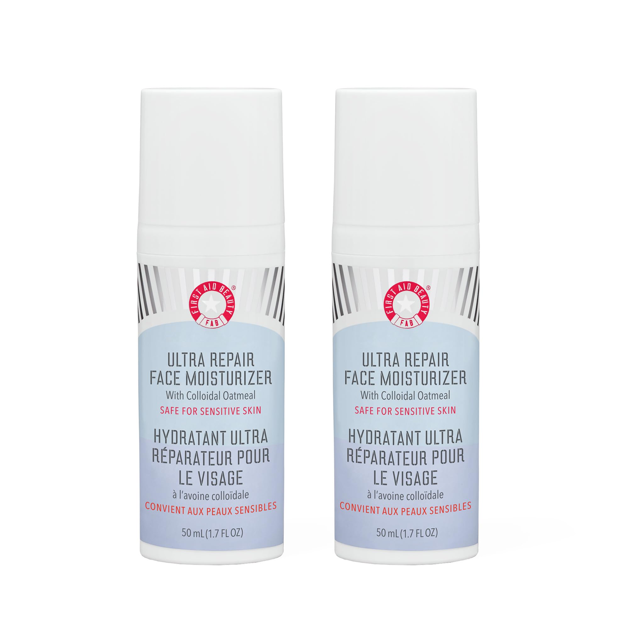 First Aid Beauty Ultra Repair Crème Visage – flacon pompe montrant hydratation rapide pour peau sensible