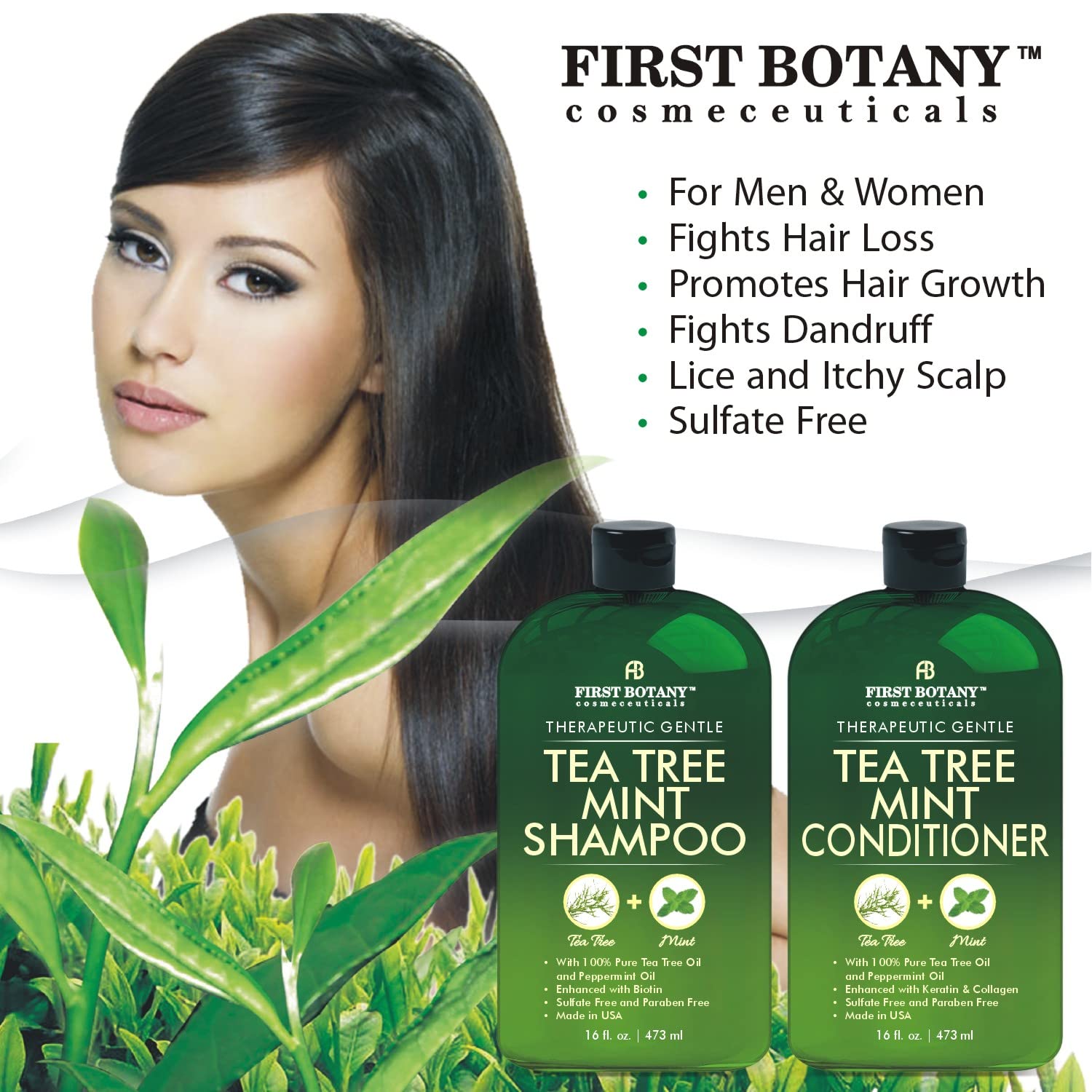 First Botany Après-Shampoing Arbre à Thé Menthe, flacon à usage facile.