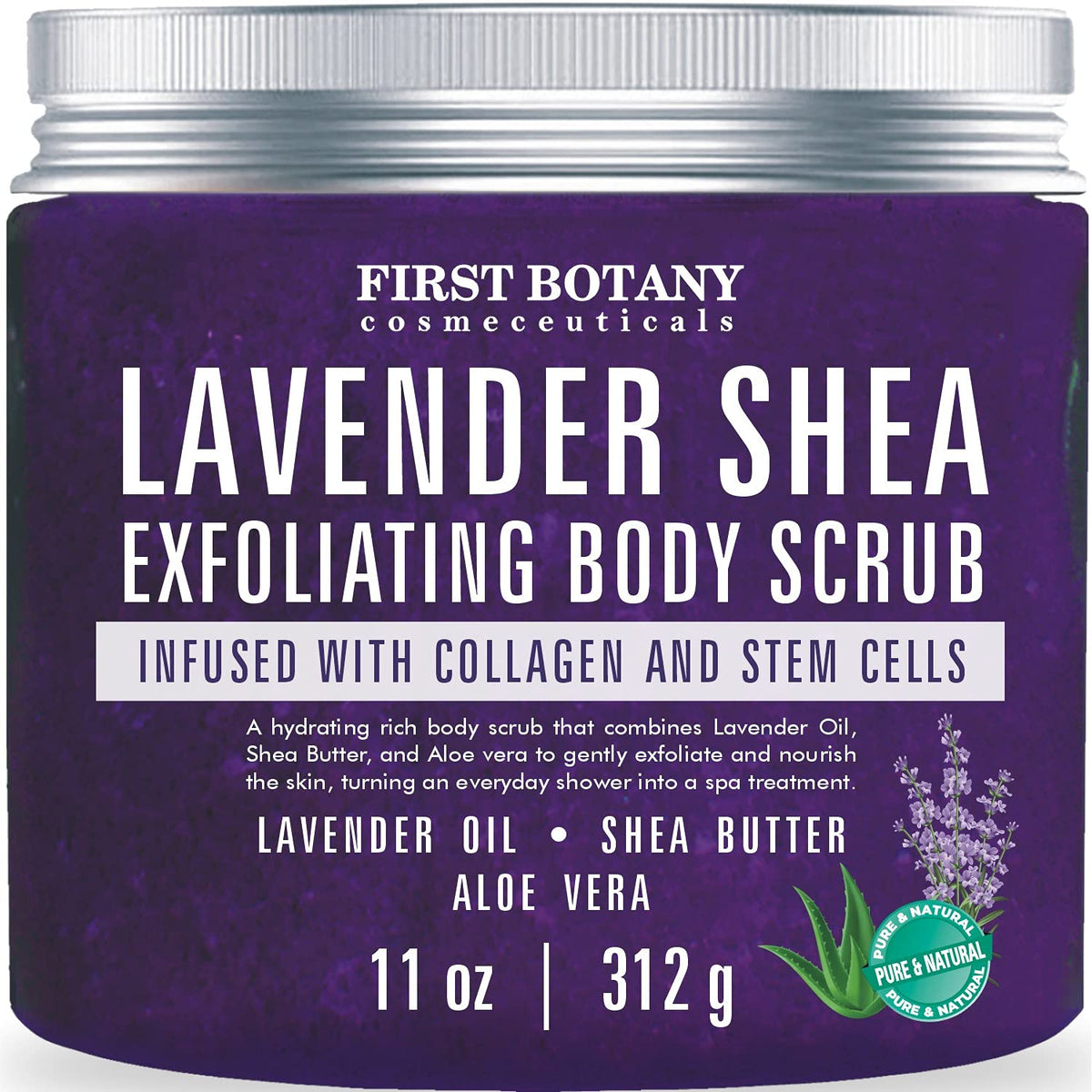 First Botany Body Scrub lavender bottle showcases a calming aroma and gentle exfoliation for smoother skin