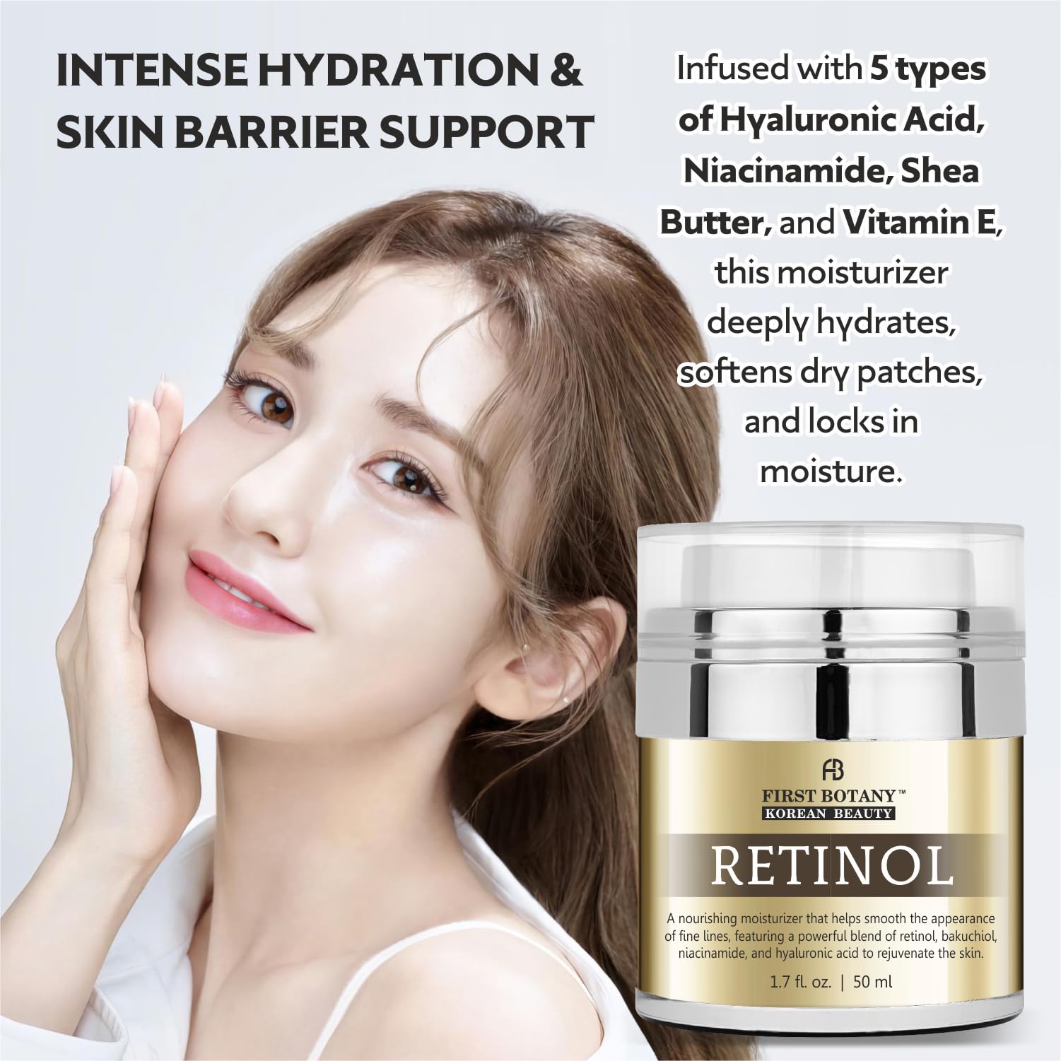 First Botany hyaluronate de sodium et hydrolysat d'acide hyaluronique visage, hydratation durable.