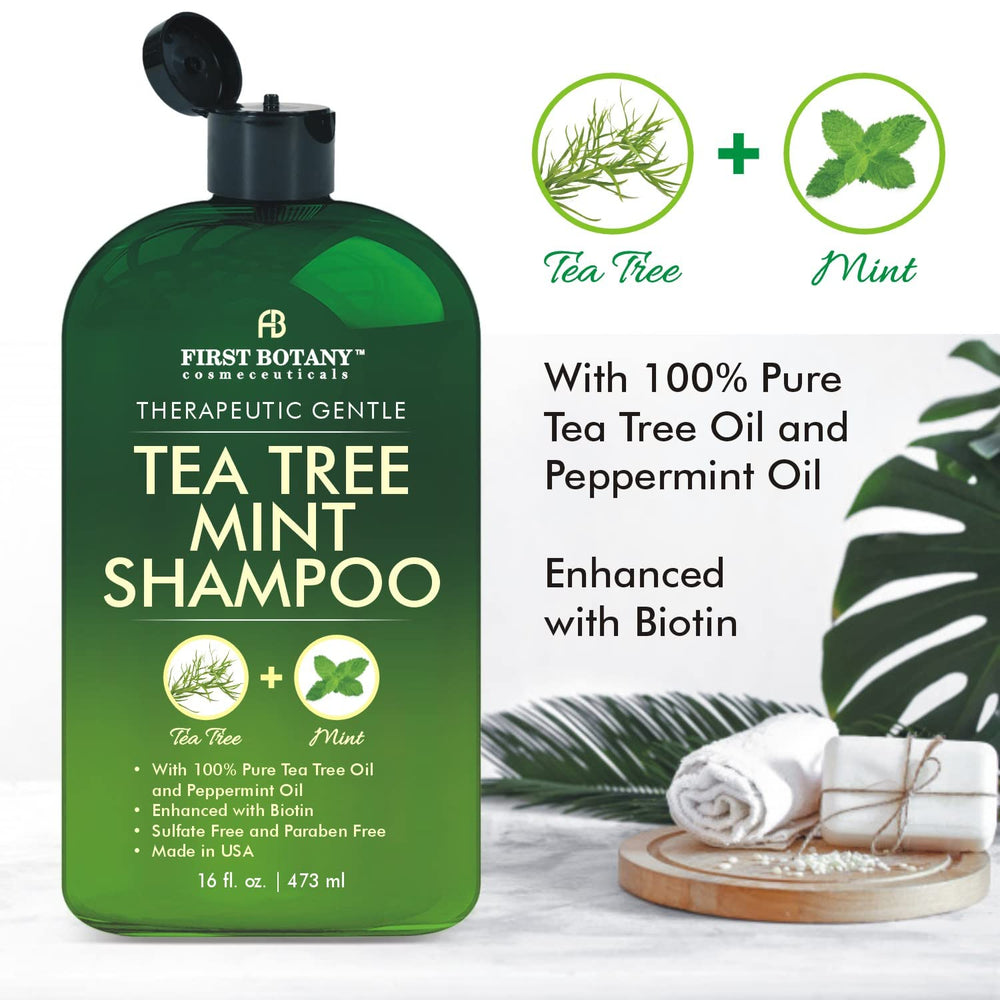 Ingrédients naturels Tea Tree et Menthe présentés sur l’emballage First Botany.
