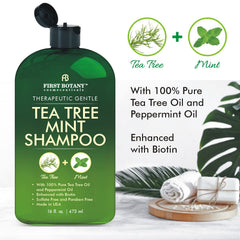 Ingrédients naturels Tea Tree et Menthe présentés sur l’emballage First Botany.