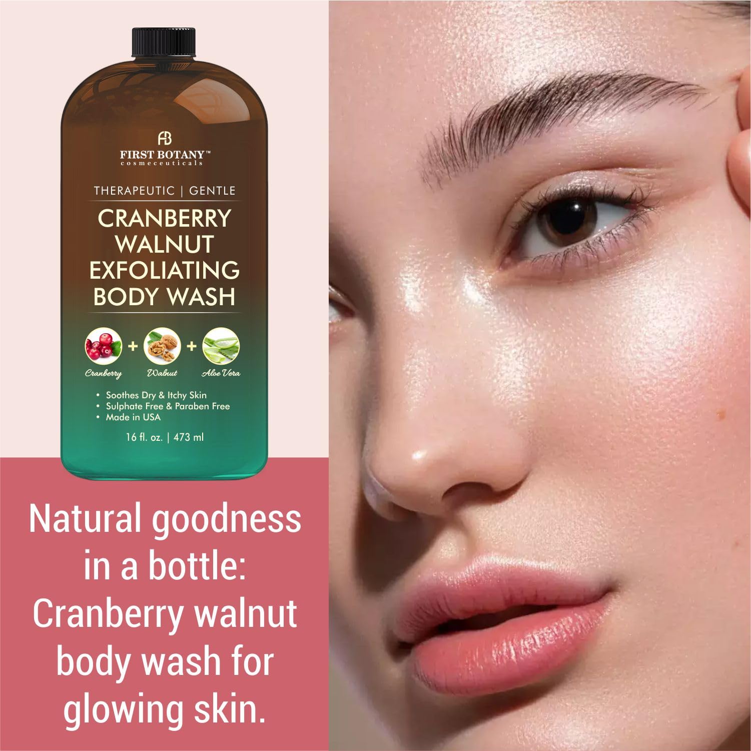 First Botany – mousse douce et gel-douche cranberry-noix, hydratation légère pour la peau.