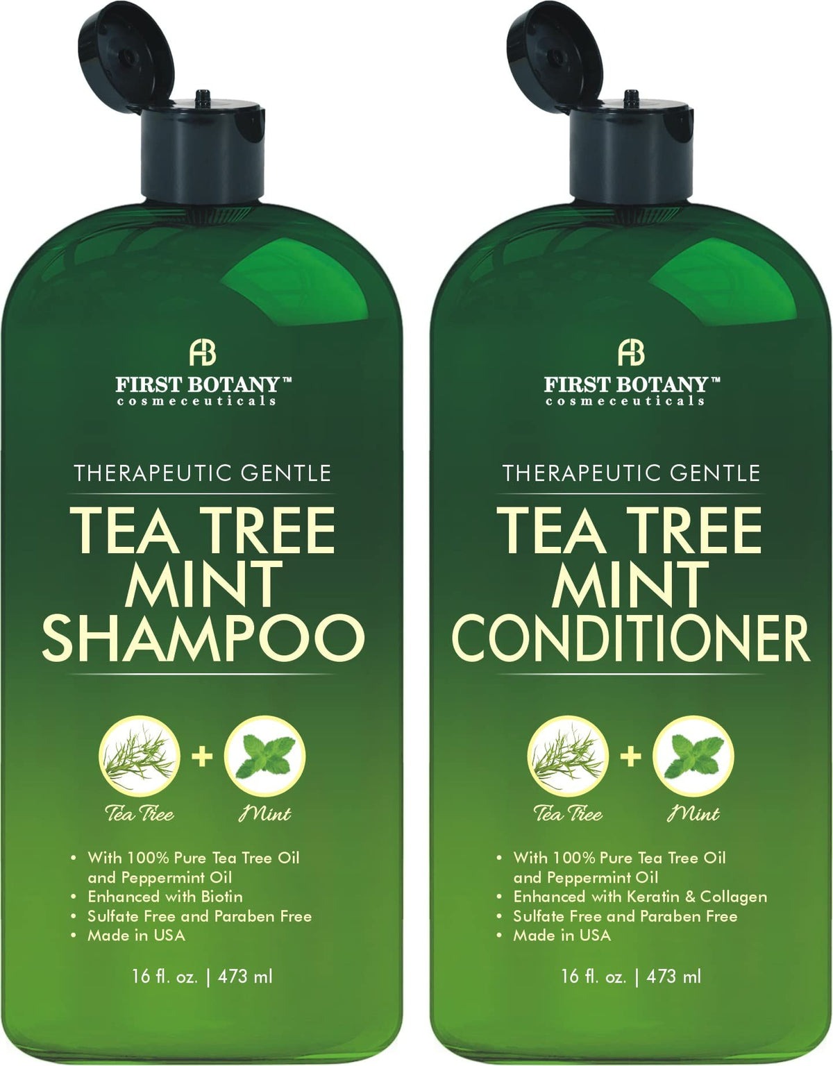 First Botany Shampoing Arbre à Thé Menthe, emballage élégant prêt à l’emploi.