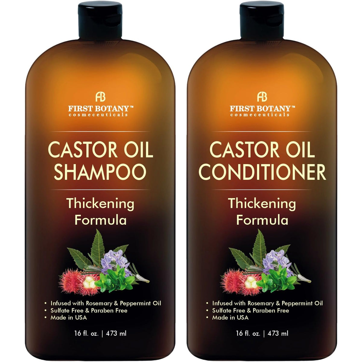 Shampoing First Botany au ricin dans une bouteille, cheveux plus forts et propres.