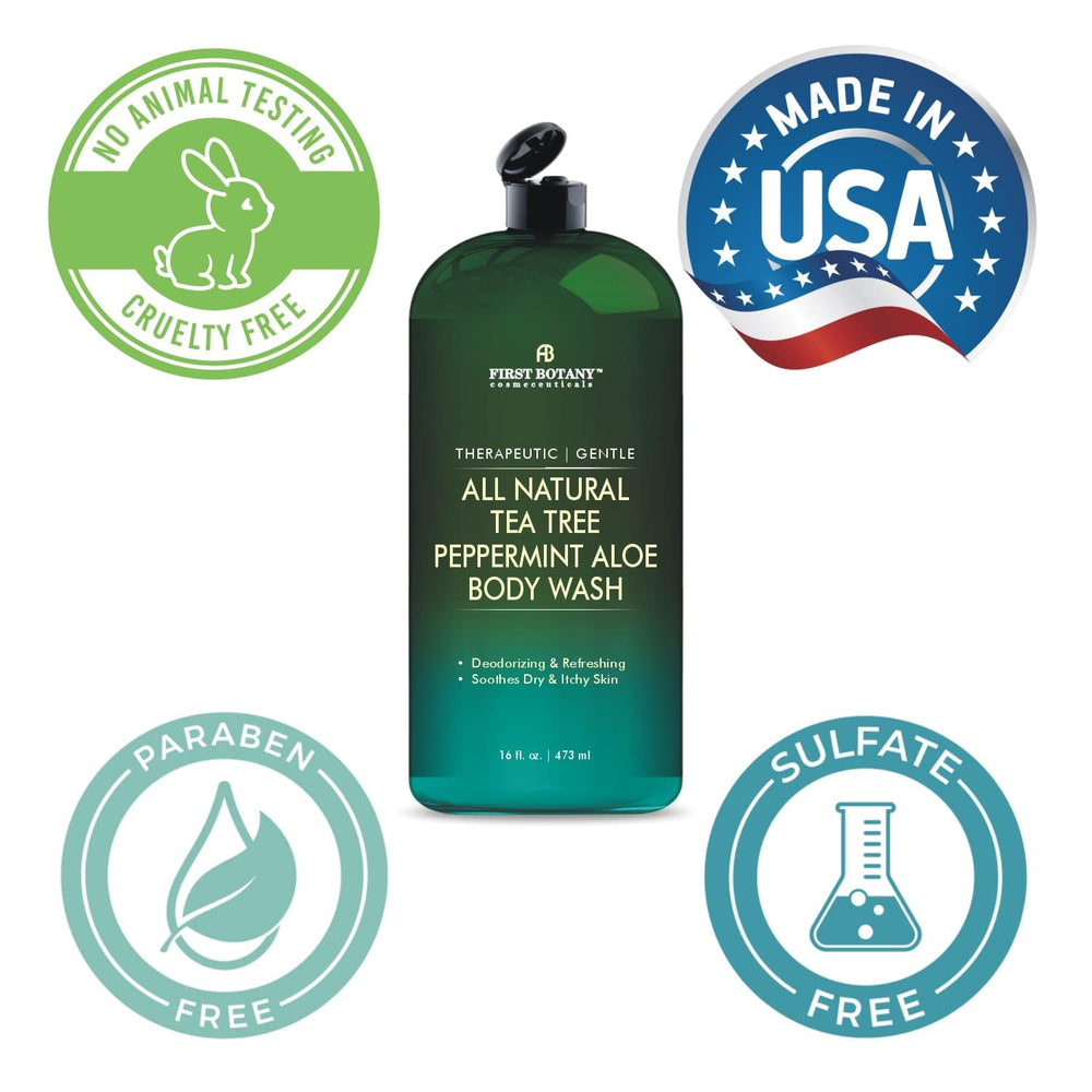 Athlete-friendly bathroom scene with First Botany Body Wash for active feet and skin
