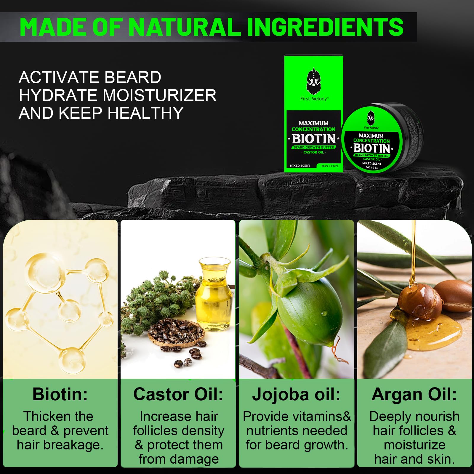 First Melody Beard Butter ingrédients naturels: argan, ricin et jojoba