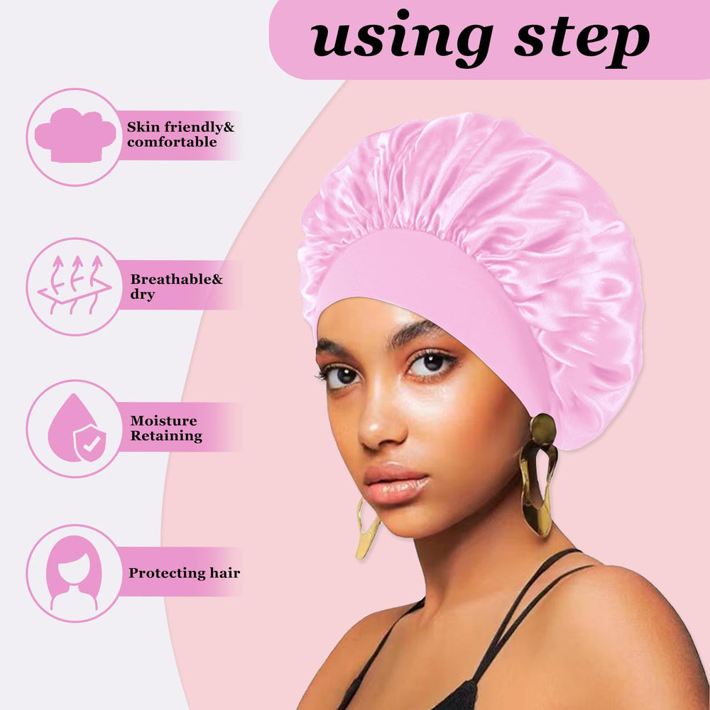 Firstpella bonnet satin rose pour dormir, pratique et doux sur les cheveux.