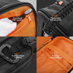 Fitdom Dopp Kit montrant les panneaux MOLLE et les options d'attache.