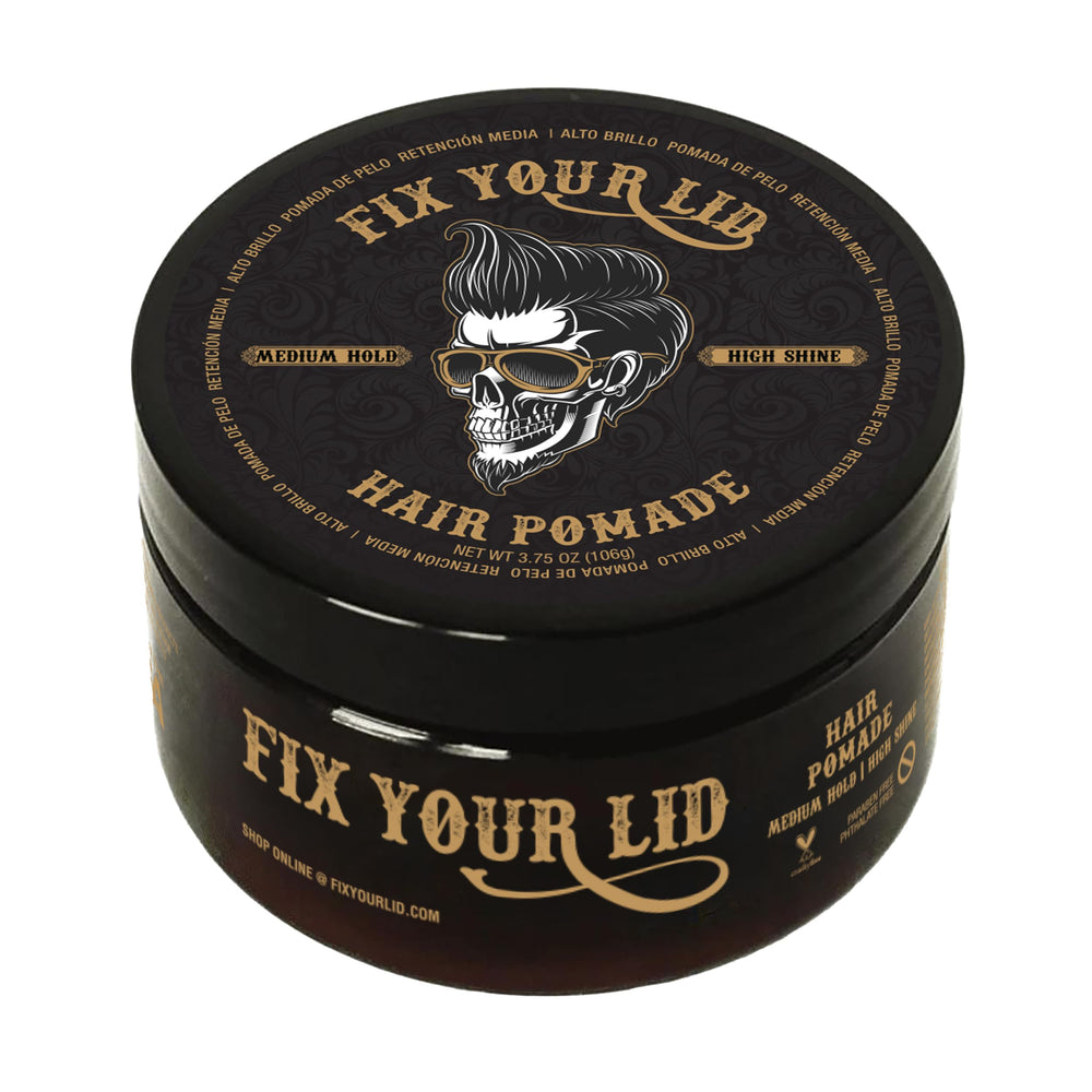 Fix Your Lid pomade: bouteille brillance et tenue moyenne pour un style soigné.
