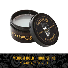 Fix Your Lid pomade: finition brillante adaptée à tous les types de cheveux.