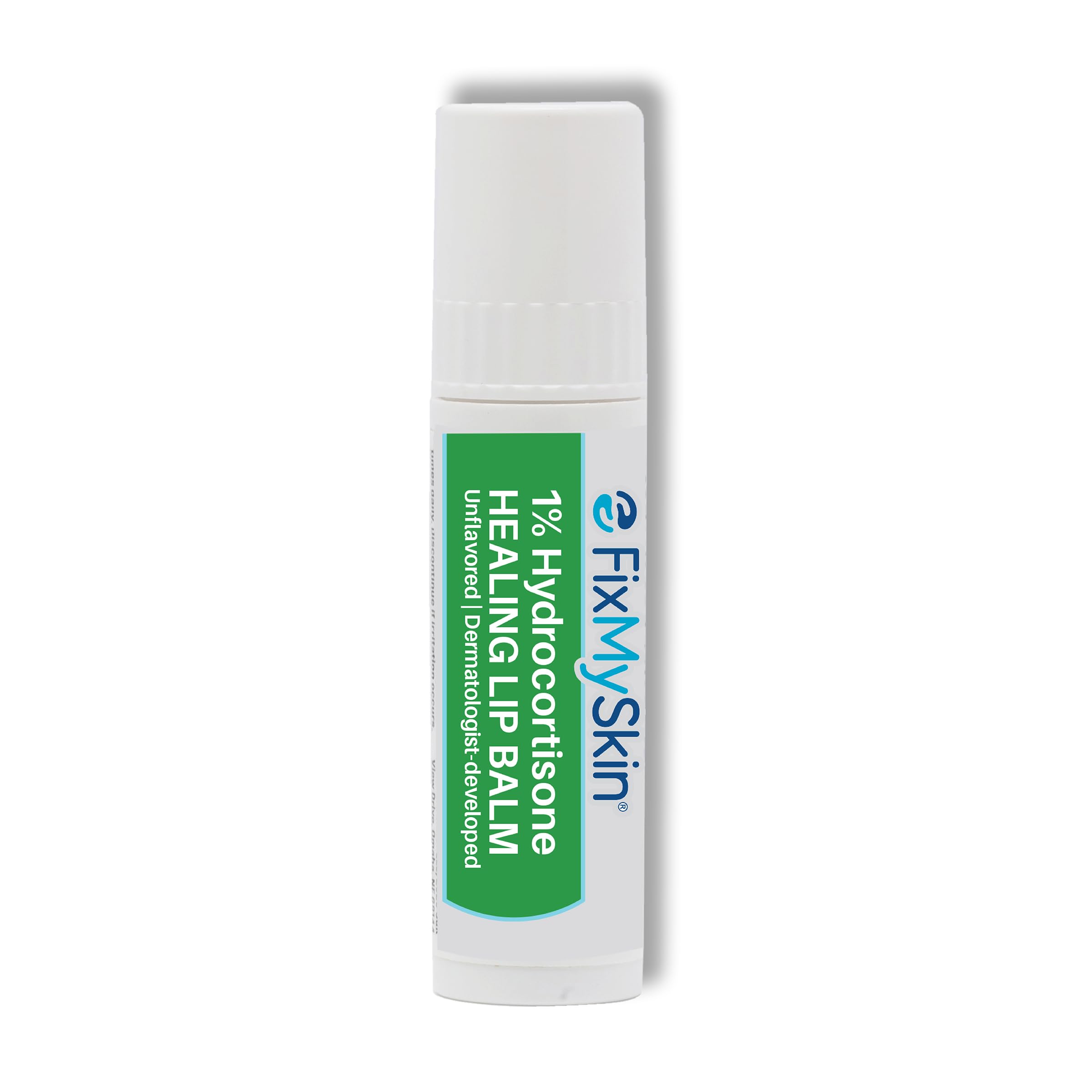 FixMySkin lip balm tube with 1% hydrocortisone for on-the-go lip relief.
